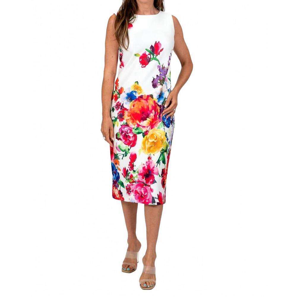 NEW SCAPA LAUREN PERRE sleeveless floral sheath dress in white/multicolor